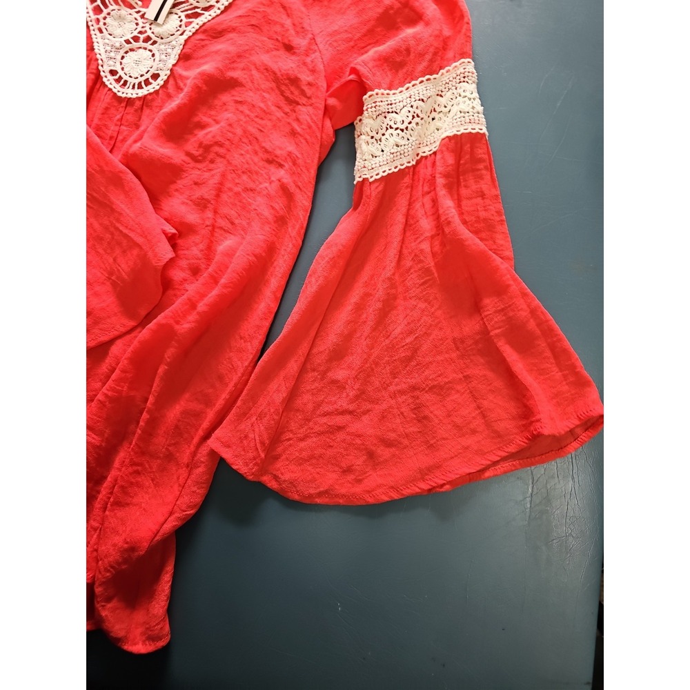 Umgee Size L Women's NWT Boho Bell Sleeve Dark Peach White Lagenlook V-Neck Top - Picture 9 of 10